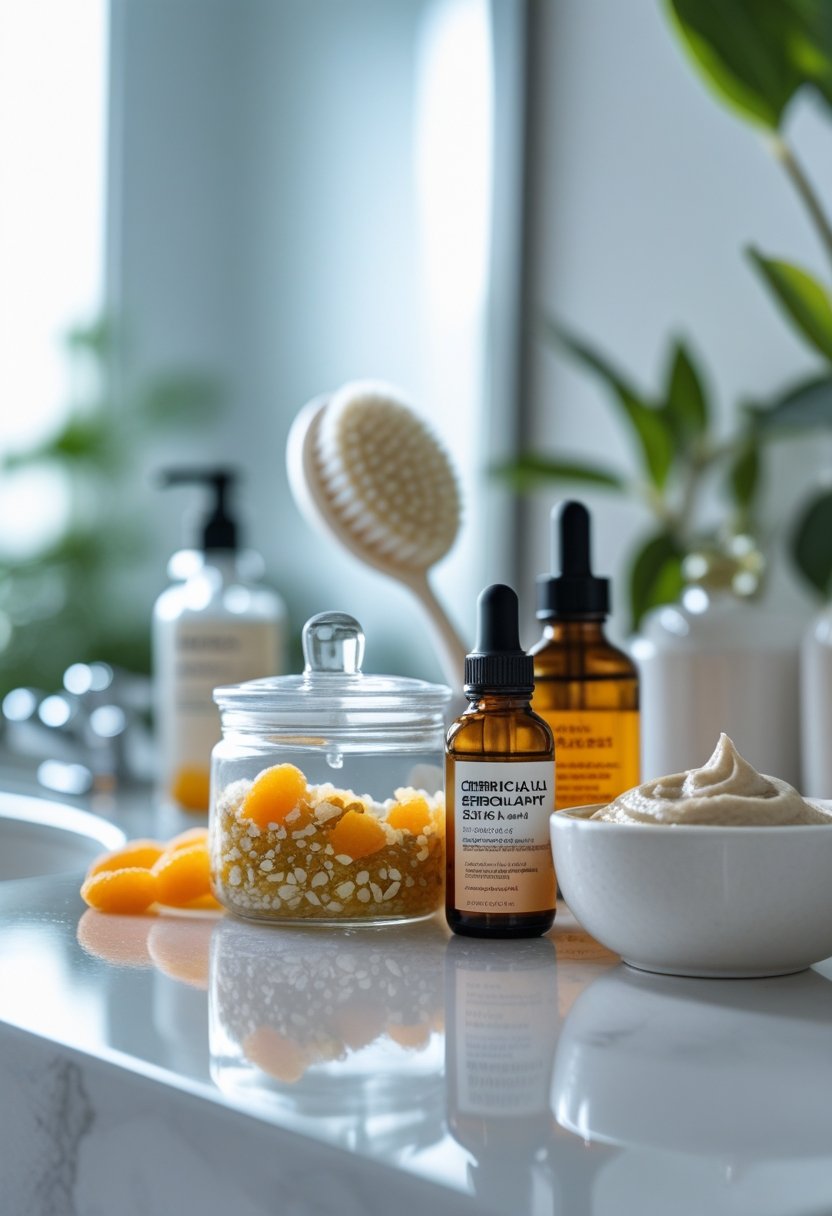 Close-up of skincare products including exfoliating scrub, serum, facial brush, and bowl on a bathroom countertop.